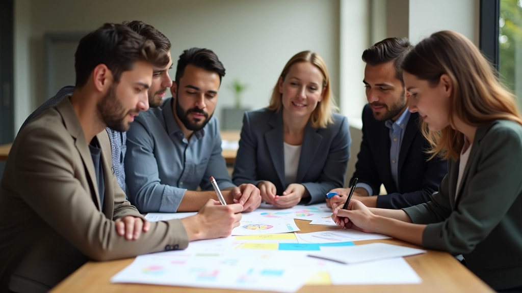 Équipe diversifiée en réunion de brainstorming autour d'une table avec notes et croquis colorés