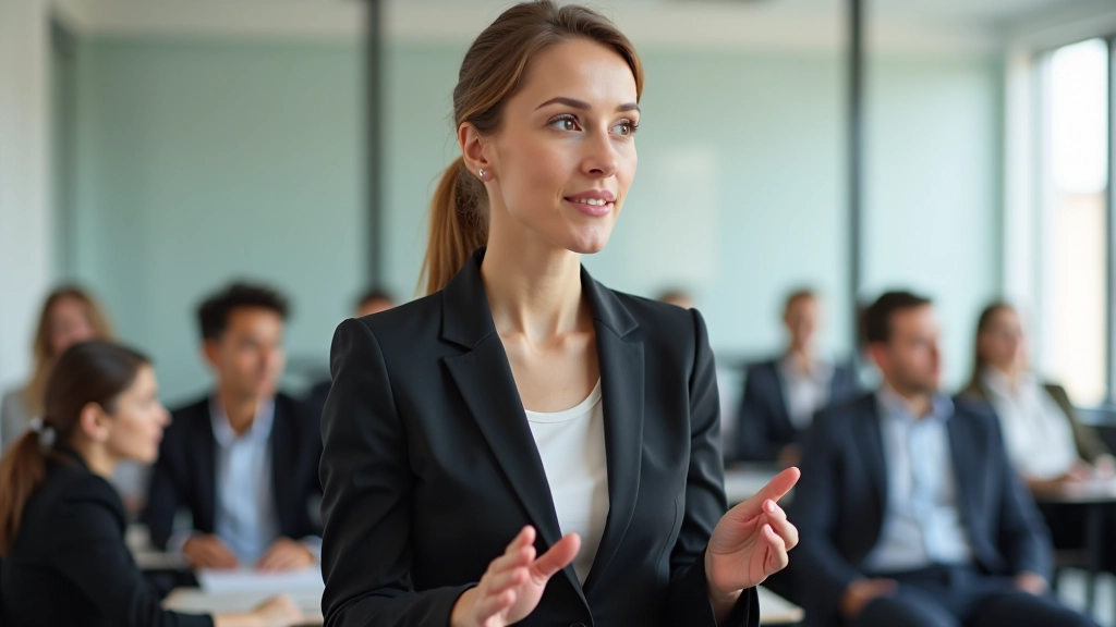 Formatrice présentant un cours de développement professionnel devant des participants attentifs dans une salle de réunion