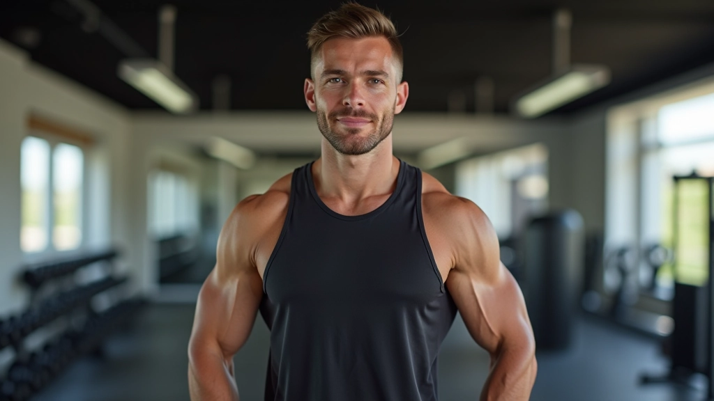 Coach de fitness guidant une session d'entraînement en ligne dans un studio lumineux et moderne