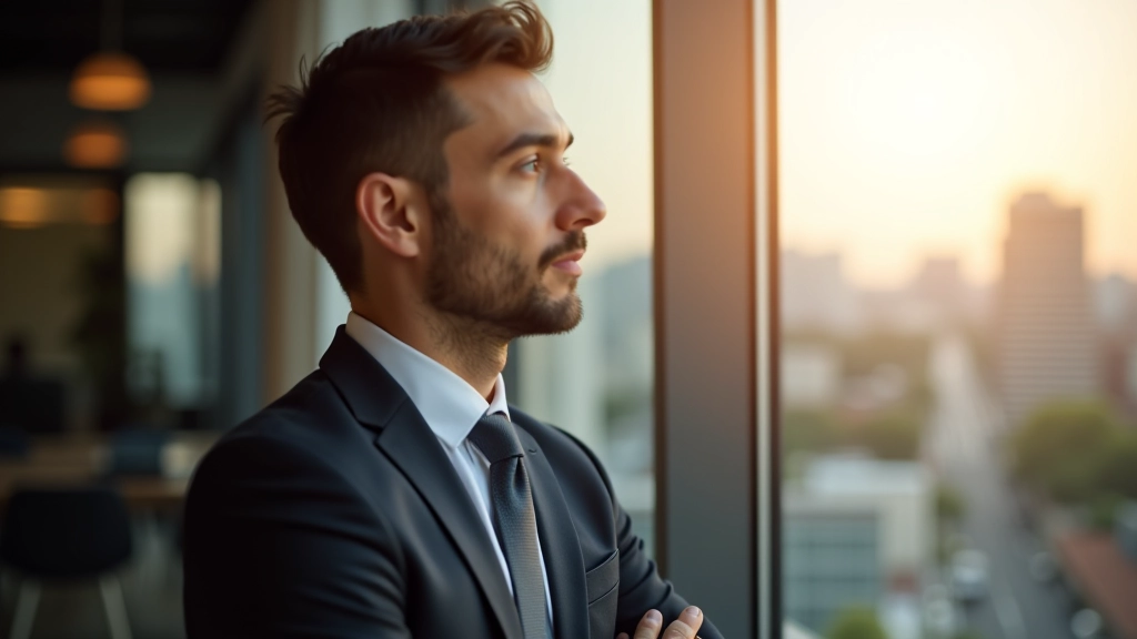 Professionnel confiant regardant l'horizon depuis une fenêtre de bureau moderne, symbolisant l'avenir