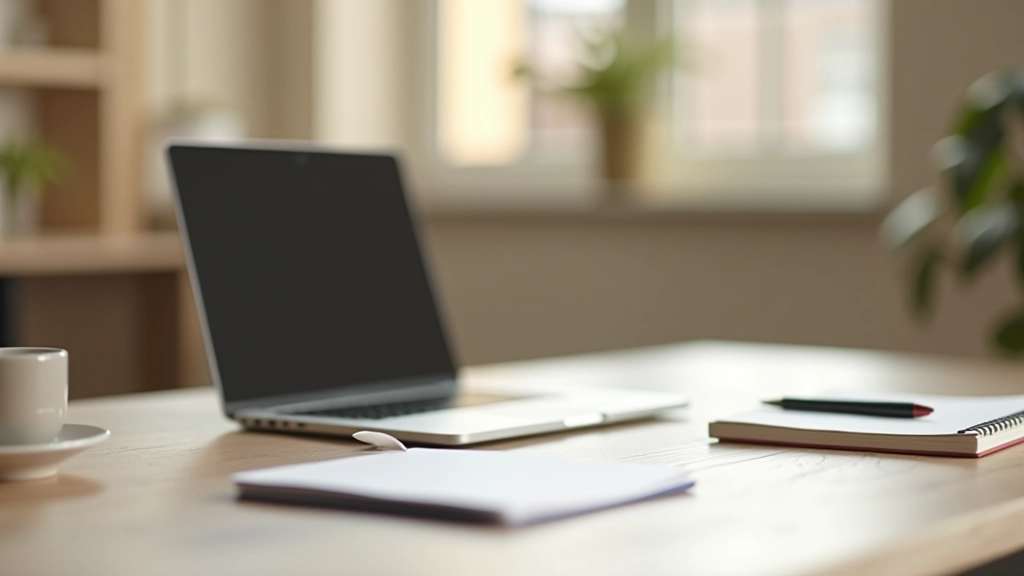 Espace de travail moderne avec ordinateur portable, carnet et stylo, représentant la recherche et l'analyse stratégique