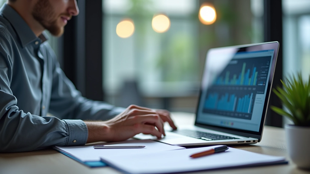 Professionnel travaillant sur un ordinateur portable avec des graphiques et des données sur l'écran